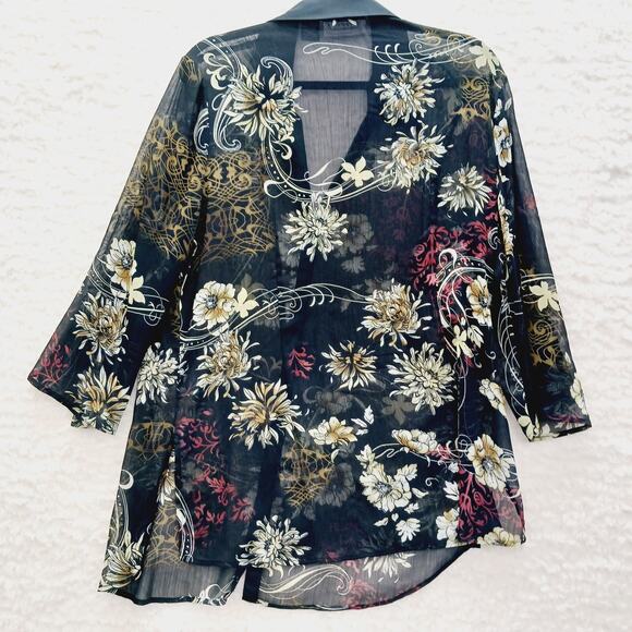 Blouse Kimono NY Design Button-Up Sheer Floral Resort Office Siren Cruise Size L - Picture 4 of 13